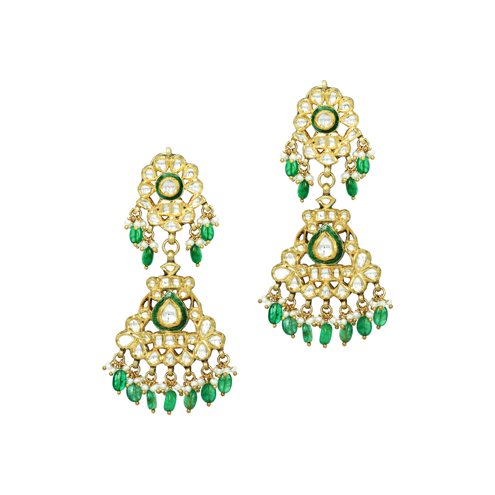 Polki Jadau Earrings with Green Meenakari and Emerald Maniya